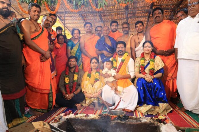 Revanth Reddy along with his family members performed Chandiyagam. His wife, daugther and son-in-law sat in the yagam.