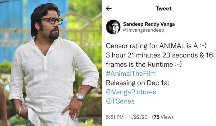 Director Sandeep Reddy Vanga's 'Animal' Earns 'A' Rating with Epic 3 Hour 21 Minute Runtime